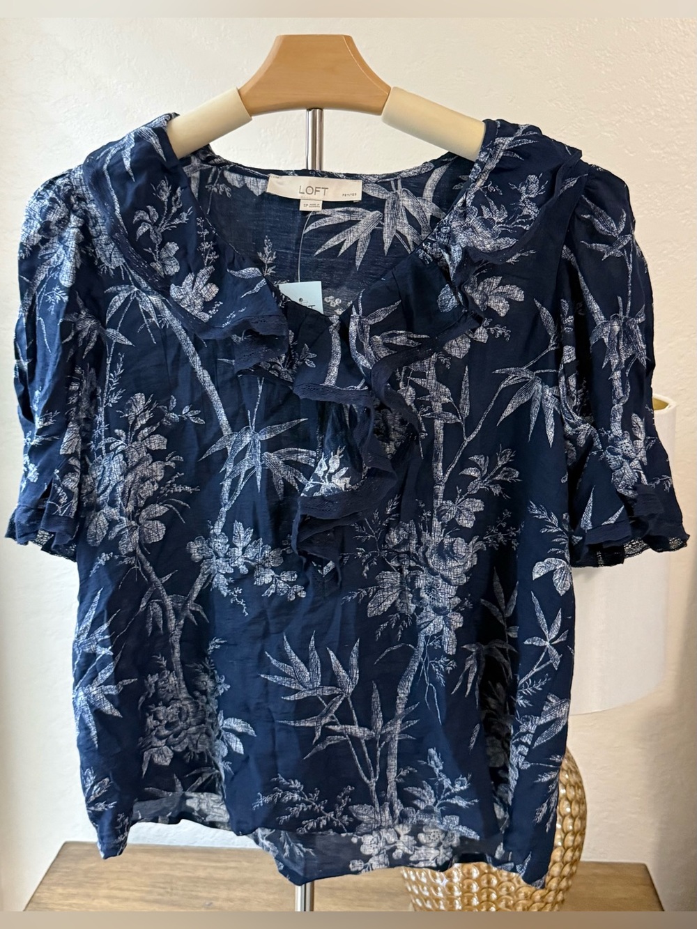 LOFT Navy Blue Floral Ruffle Short Sleeve Blouse NWT- Size Small Petite